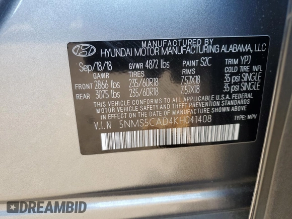 2019 Hyundai Santa Fe Ultimate with VIN 5NMS5CAD4KH041408, listed as a Copart auction lot 80168674 with 0 mi miles and Salvage Title. Bid and sale history available at carsss.com. Image 13.