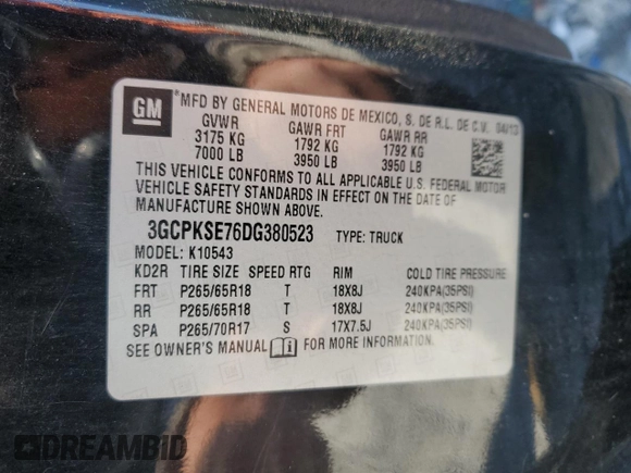 2013 Chevrolet Silverado 1500 LT with VIN 3GCPKSE76DG380523, listed as a Copart auction lot 46894615 with 0 mi miles and Salvage Title. Bid and sale history available at carsss.com. Image 14.