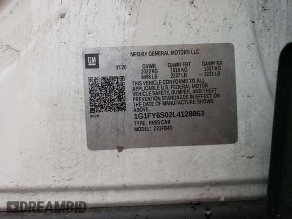 2020 Chevrolet Bolt EV LT with VIN 1G1FY6S02L4128863, listed as a Copart auction lot 43261433 with 18,594 mi miles. Bid and sale history available at carsss.com. Image 14.