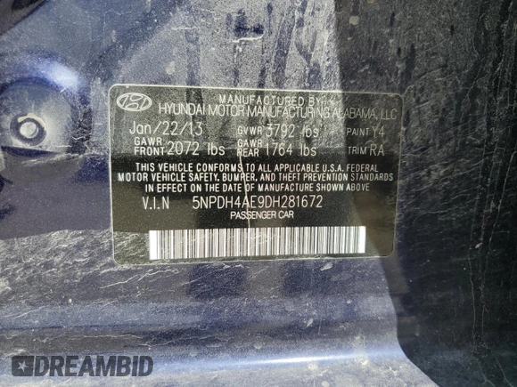 2013 Hyundai Elantra GLS with VIN 5NPDH4AE9DH281672, listed as a Copart auction lot 61760935 with 74,730 mi miles and Salvage title. Bid and sale history available at DreamBid. Image 12.