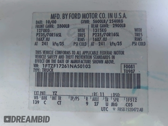 2001 Ford F-150 XL with VIN 1FTZF17261NA50103, listed as a IAAI auction lot 41885497 with 150,581 mi miles and . Bid and sale history available at DreamBid. Image 9.