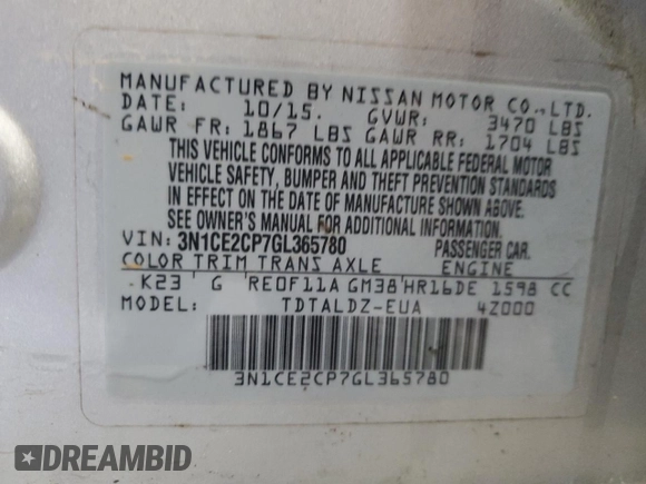 2016 Nissan Note S Plus with VIN 3N1CE2CP7GL365780, listed as a Copart auction lot 52761855 with 87,635 mi miles and Salvage Title. Bid and sale history available at DreamBid. Image 13.
