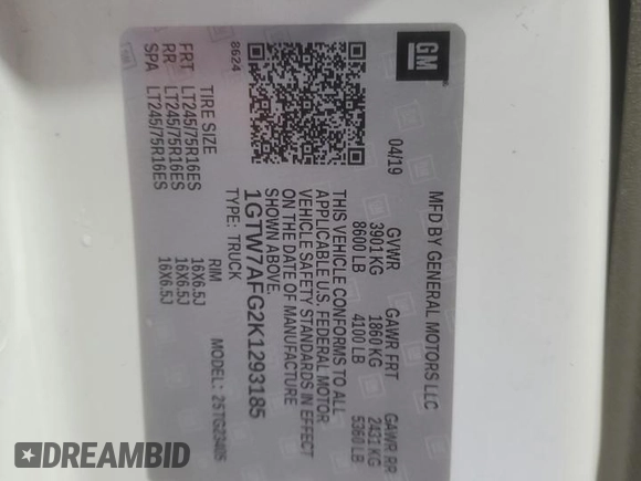 2019 GMC Savana Cargo z VIN 1GTW7AFG2K1293185, wystawiony jako Copart lot #85685444 z przebiegiem 166 770 mil mil oraz Szkody całkowita. Historia ofert i sprzedaży dostępna na DreamBid. Obrazek 12.