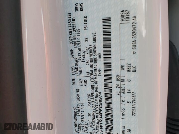 2023 Ford F-150 Raptor with VIN 1FTFW1RJ4PFC98974, listed as a Copart auction lot 47208565 with Not Provided miles and Salvage Title. Bid and sale history available at DreamBid. Image 12.