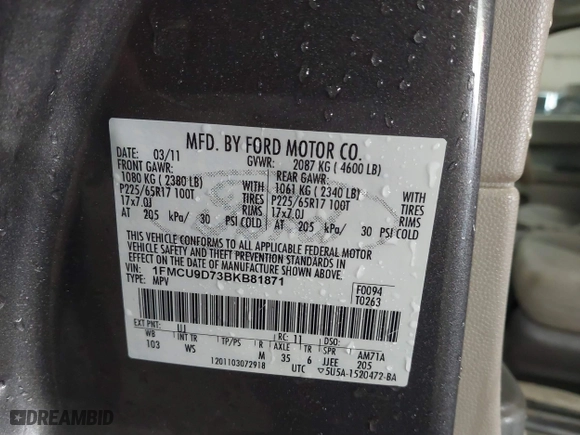 2011 Ford Escape XLT with VIN 1FMCU9D73BKB81871, listed as a IAAI auction lot 39857267 with 75,273 mi miles. Bid and sale history available at carsss.com. Image 9.