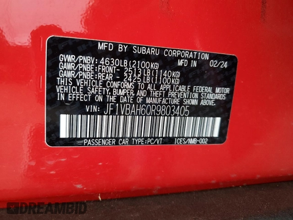 2024 Subaru WRX Premium with VIN JF1VBAH60R9803405, listed as a Copart auction lot 58207805 with 6,132 mi miles and Salvage title. Bid and sale history available at DreamBid. Image 12.