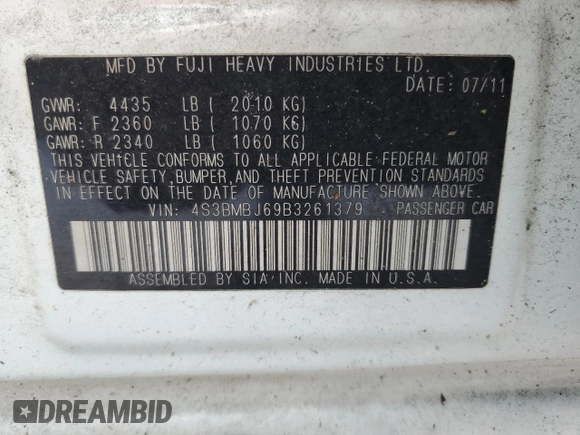 2011 Subaru Legacy Limited with VIN 4S3BMBJ69B3261379, listed as a Copart auction lot 45153055 with 195,904 mi miles and Clean title. Bid and sale history available at DreamBid. Image 12.