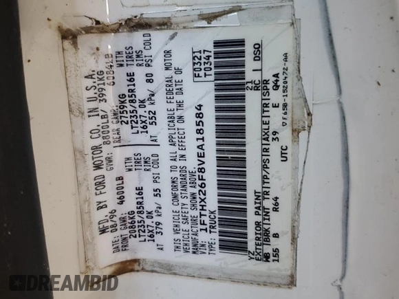1997 Ford F-250 с VIN 1FTHX26F8VEA18584, выставлен на аукционе Copart как лот 58829945 с пробегом 337 016 миль миль и Списание • Salvage title. История ставок и продаж доступна на DreamBid. Изображение 12.