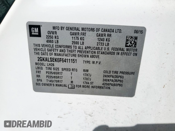 2015 GMC Terrain SLT с VIN 2GKALSEK6F6411151, выставлен на аукционе Copart как лот 53720095 с пробегом 74 892 миль миль и Списание • Salvage title. История ставок и продаж доступна на DreamBid. Изображение 15.
