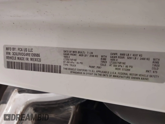 2024 Ram ProMaster Cargo Tradesman with VIN 3C6LRVDG4RE139986, listed as a IAAI auction lot 41273028 with 10,870 mi miles and . Bid and sale history available at DreamBid. Image 9.