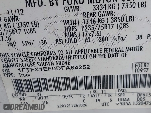 2013 Ford F-150 XL with VIN 1FTFX1EF0DFA84252, listed as a IAAI auction lot 42186869 with 206,644 mi miles and . Bid and sale history available at carsss.com. Image 9.