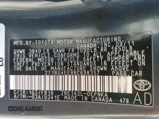 2011 Toyota Corolla L with VIN 2T1BU4EE8BC698357, listed as a Copart auction lot 52917175 with 182,519 mi miles and Clean Title. Bid and sale history available at carsss.com. Image 12.