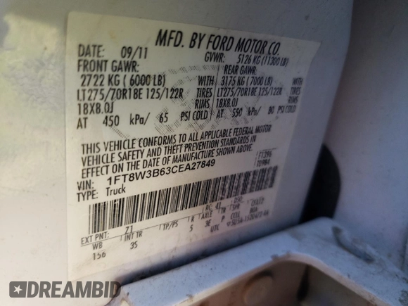 2012 Ford F-350 XL with VIN 1FT8W3B63CEA27849, listed as a Copart auction lot 57537524 with Not provided miles and Non repairable. Bid and sale history available at DreamBid. Image 12.