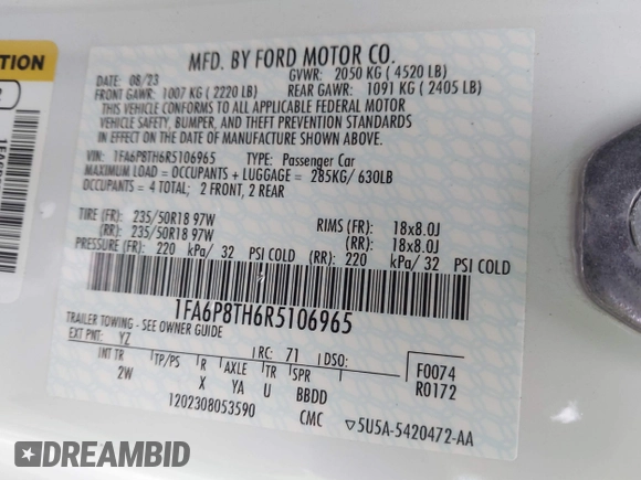 2024 Ford Mustang EcoBoost with VIN 1FA6P8TH6R5106965, listed as a IAAI auction lot 41572551 with 25,474 mi miles. Bid and sale history available at carsss.com. Image 9.