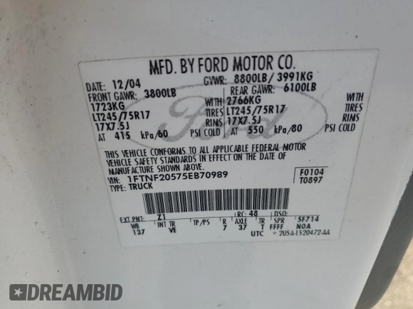 2005 Ford F-250 XL с VIN 1FTNF20575EB70989, выставлен на аукционе Copart как лот 61671485 с пробегом 126 995 миль миль и Чистый • Clean title. История ставок и продаж доступна на DreamBid. Изображение 12.