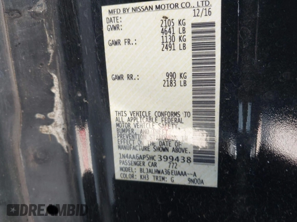 2017 Nissan Maxima SV z VIN 1N4AA6AP5HC399438, wystawiony jako IAAI lot #42436750 z przebiegiem 82 832 mil mil oraz . Historia ofert i sprzedaży dostępna na DreamBid. Obrazek 9.