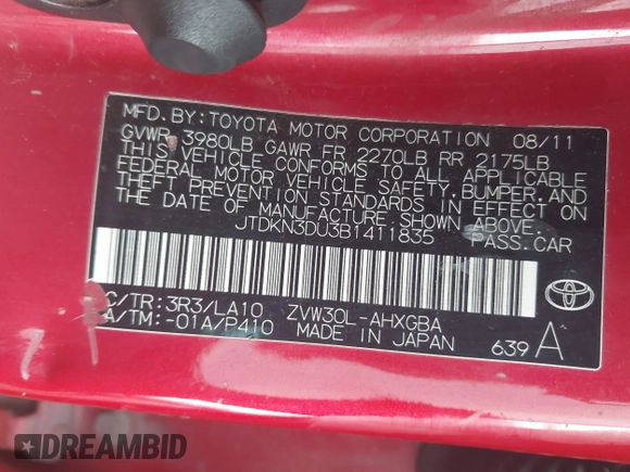 2011 Toyota Prius I with VIN JTDKN3DU3B1411835, listed as a IAAI auction lot 42015181 with 205,744 mi miles and . Bid and sale history available at DreamBid. Image 9.