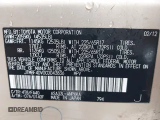 2012 Toyota RAV4 with VIN JTMBF4DV0CD043836, listed as a IAAI auction lot 41364370 with 134,459 mi miles and . Bid and sale history available at DreamBid. Image 9.