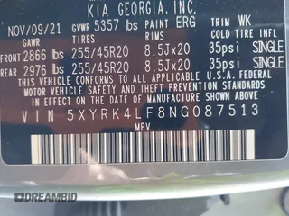 2022 Kia Sorento SX with VIN 5XYRK4LF8NG087513, listed as a IAAI auction lot 42038505 with 42,113 mi miles and . Bid and sale history available at DreamBid. Image 9.