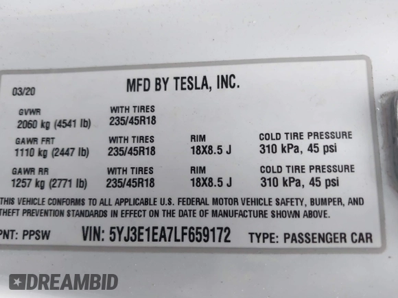 2020 Tesla Model 3 Standard Range Plus with VIN 5YJ3E1EA7LF659172, listed as a IAAI auction lot 42017026 with 32,104 mi miles. Bid and sale history available at carsss.com. Image 9.