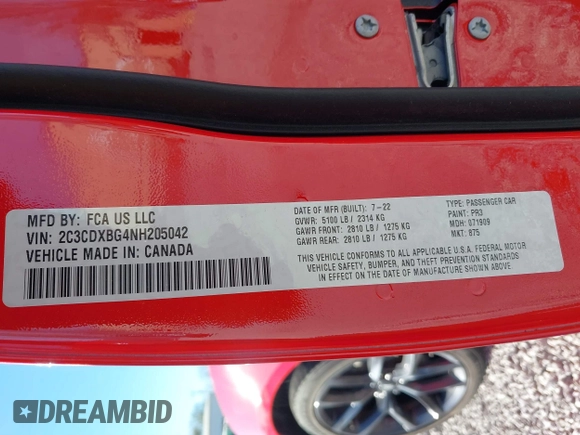 2022 Dodge Charger SXT with VIN 2C3CDXBG4NH205042, listed as a IAAI auction lot 41861301 with 42,375 mi miles and . Bid and sale history available at DreamBid. Image 9.
