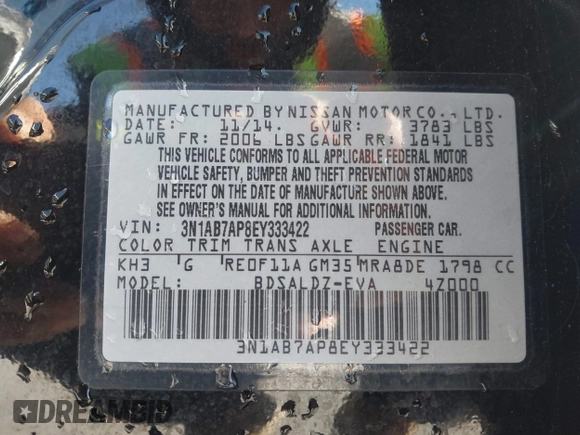 2014 Nissan Sentra S with VIN 3N1AB7AP8EY333422, listed as a IAAI auction lot 41434521 with 134,184 mi miles and . Bid and sale history available at DreamBid. Image 9.
