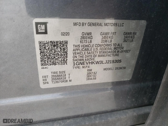 2020 Chevrolet Traverse LT Leather with VIN 1GNEVHKW3LJ215305, listed as a Copart auction lot 45546015 with 144,932 mi miles and Salvage Title. Bid and sale history available at carsss.com. Image 13.
