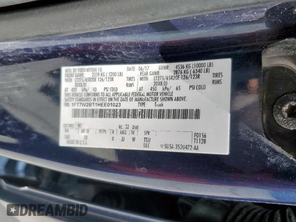 2017 Ford F-250 Lariat with VIN 1FT7W2BT1HEE01023, listed as a Copart auction lot 60861445 with 252,277 mi miles and Salvage title. Bid and sale history available at DreamBid. Image 12.