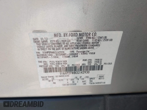 2012 Ford Taurus Limited with VIN 1FAHP2FW8CG142930, listed as a IAAI auction lot 42568730 with 69,357 mi miles and . Bid and sale history available at DreamBid. Image 9.