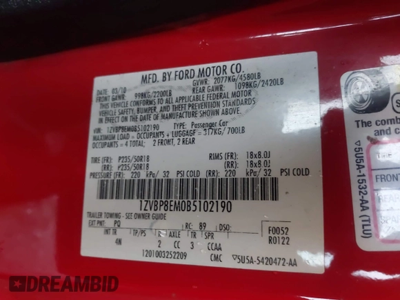 2011 Ford Mustang V6 with VIN 1ZVBP8EM0B5102190, listed as a IAAI auction lot 41082218 with 140,724 mi miles and . Bid and sale history available at DreamBid. Image 9.