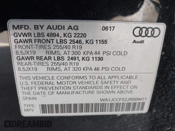 2018 Audi Q3 Premium Plus with VIN WA1JCCFS2JR009411, listed as a IAAI auction lot 41754526 with 85,781 mi miles. Bid and sale history available at carsss.com. Image 9.