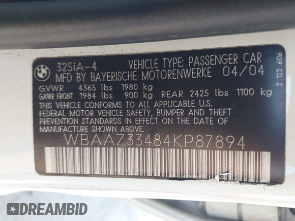 2004 BMW 3 Series 325i with VIN WBAAZ33484KP87894, listed as a IAAI auction lot 42131433 with 136,592 mi miles and . Bid and sale history available at carsss.com. Image 9.