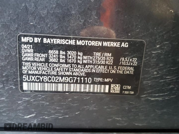2021 BMW X6 M50i with VIN 5UXCY8C02M9G71110, listed as a Copart auction lot 76124114 with 0 mi miles and Salvage Title. Bid and sale history available at carsss.com. Image 12.