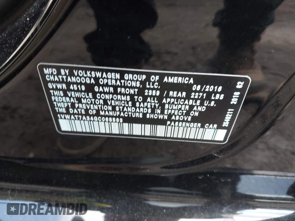 2016 Volkswagen Passat 1.8T S with VIN 1VWAT7A34GC068563, listed as a IAAI auction lot 41983202 with 60,562 mi miles. Bid and sale history available at carsss.com. Image 9.