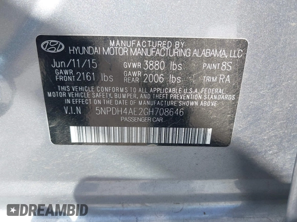 2016 Hyundai Elantra SE with VIN 5NPDH4AE2GH708646, listed as a IAAI auction lot 42543326 with 109,490 mi miles and . Bid and sale history available at DreamBid. Image 9.