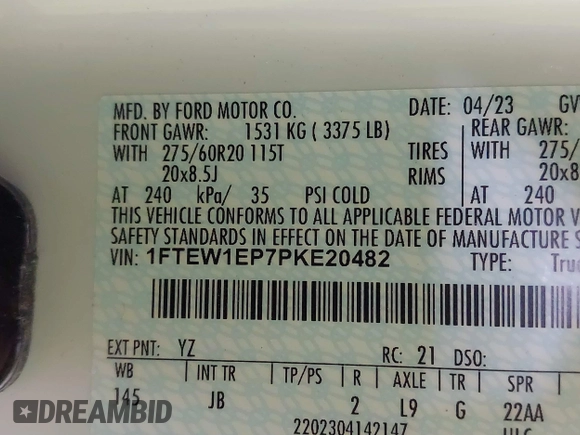 2023 Ford F-150 XL with VIN 1FTEW1EP7PKE20482, listed as a IAAI auction lot 41848669 with 27,933 mi miles. Bid and sale history available at carsss.com. Image 9.