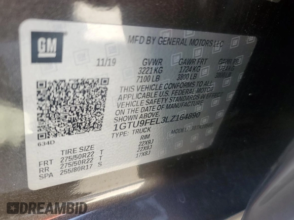 2020 GMC Sierra 1500 Denali with VIN 1GTU9FEL3LZ164890, listed as a Copart auction lot 51253935 with 63,147 mi miles and Non Repairable. Bid and sale history available at DreamBid. Image 12.