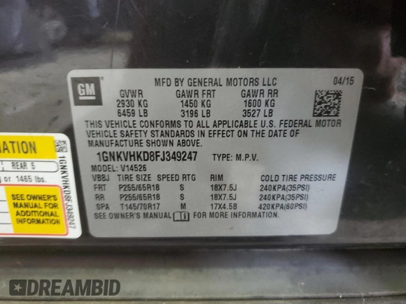 2015 Chevrolet Traverse LT with VIN 1GNKVHKD8FJ349247, listed as a Copart auction lot 58748105 with 132,914 mi miles and Salvage title. Bid and sale history available at DreamBid. Image 13.
