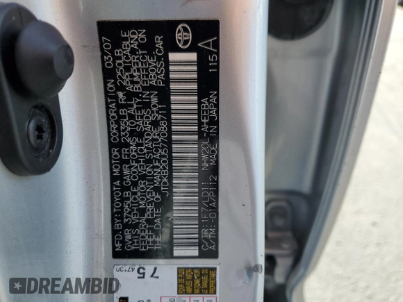 2007 Toyota Prius with VIN JTDKB20U577088711, listed as a Copart auction lot 55463695 with 355,326 mi miles and Salvage Title. Bid and sale history available at DreamBid. Image 12.