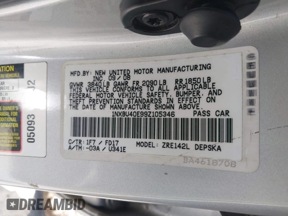 2009 Toyota Corolla with VIN 1NXBU40E99Z105346, listed as a IAAI auction lot 42062757 with 130,968 mi miles. Bid and sale history available at carsss.com. Image 9.