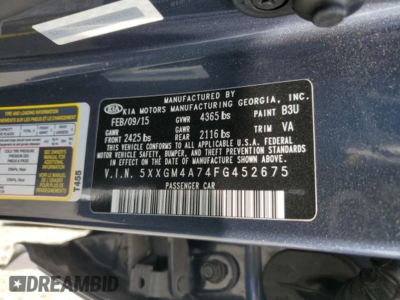 2015 Kia Optima LX with VIN 5XXGM4A74FG452675, listed as a Copart auction lot 46331535 with 82,335 mi miles and Salvage Title. Bid and sale history available at DreamBid. Image 13.