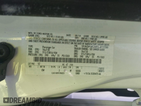 2014 Ford Focus SE with VIN 1FADP3K24EL411720, listed as a IAAI auction lot 40816752 with 102,089 mi miles. Bid and sale history available at carsss.com. Image 9.