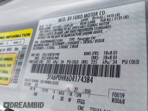 2013 Ford Fusion SE with VIN 3FA6P0HR6DR174384, listed as a IAAI auction lot 42025697 with 126,629 mi miles and . Bid and sale history available at DreamBid. Image 9.