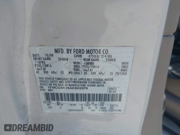 2010 Ford Escape Hybrid with VIN 1FMCU4K35AKB02976, listed as a IAAI auction lot 42691500 with Not provided miles and . Bid and sale history available at DreamBid. Image 9.