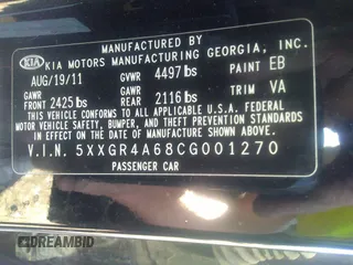 2012 Kia Optima SX with VIN 5XXGR4A68CG001270, listed as a IAAI auction lot 34862669 with 180,039 mi miles and . Bid and sale history available at carsss.com. Image 9.