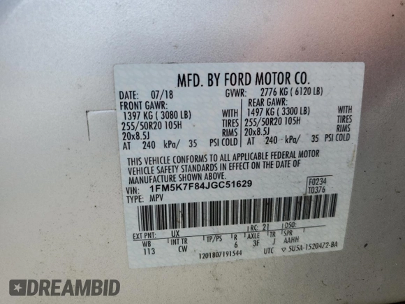 2018 Ford Explorer Limited с VIN 1FM5K7F84JGC51629, выставлен на аукционе Copart как лот 59979275 с пробегом 35 135 миль миль и Списание • Salvage title. История ставок и продаж доступна на DreamBid. Изображение 14.