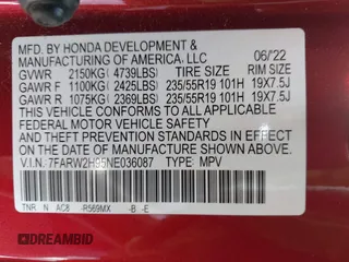 2022 Honda CR-V Touring with VIN 7FARW2H95NE036087, listed as a IAAI auction lot 41652693 with 20,694 mi miles. Bid and sale history available at carsss.com. Image 9.