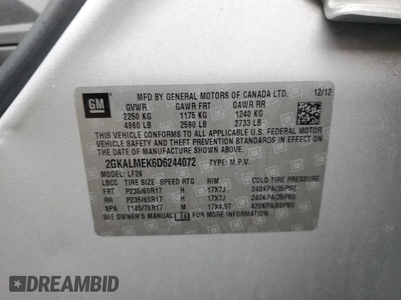 2013 GMC Terrain SLE with VIN 2GKALMEK6D6244072, listed as a Copart auction lot 42834475 with 90,247 mi miles and Salvage Title. Bid and sale history available at carsss.com. Image 14.