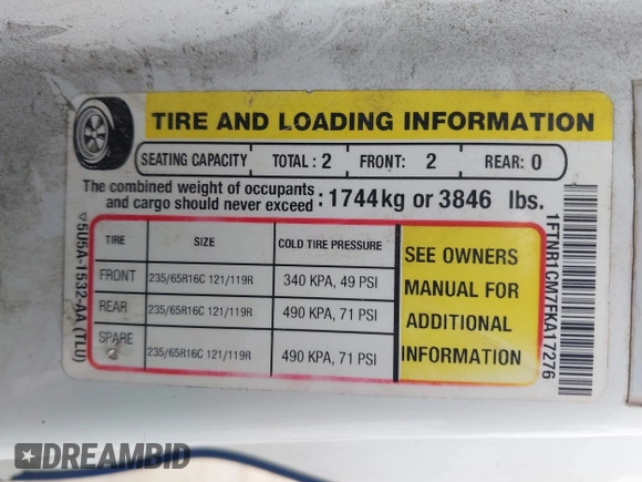 2015 Ford Transit Cargo with VIN 1FTNR1CM7FKA17276, listed as a IAAI auction lot 42506803 with 169,123 mi miles and . Bid and sale history available at DreamBid. Image 9.