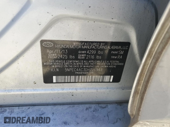 2013 Hyundai Sonata Limited with VIN 5NPEC4AC3DH726943, listed as a Copart auction lot 43022065 with 140,965 mi miles and Salvage Title. Bid and sale history available at DreamBid. Image 12.